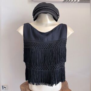 Chic Perry White - Black Fringe Lined Crop Top Size Small